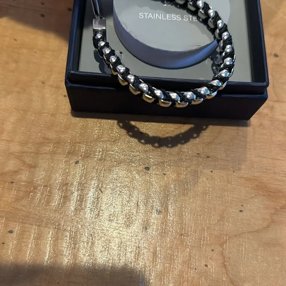 Nautica stainless steel brown cord cube and clasp closure bracelet. NWOT. In box